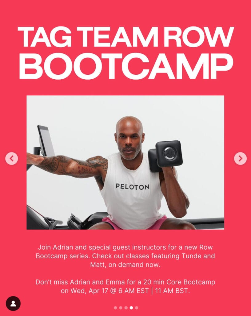 Peloton’s “This Week at Peloton” Instagram post highlighting new Tag Team Row Bootcamp. Image credit Peloton social media.